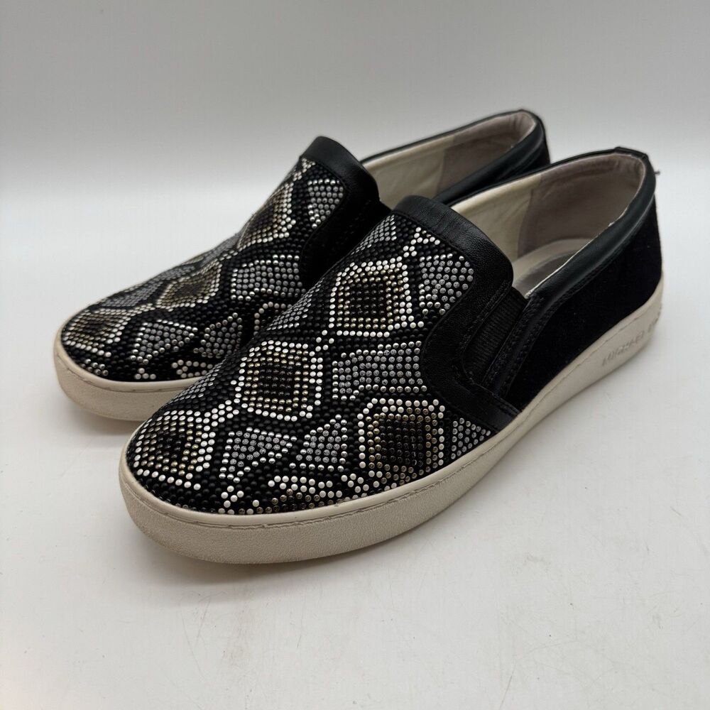 Michael Kors MK Leo Beaded Suede Loafers Women's 7.5M Black White Slip On Shoes